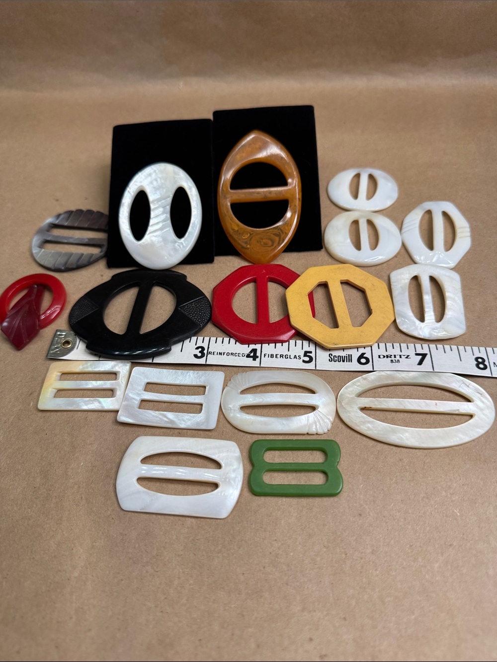 Vintage Mixed Color Belt/ Scarf Buckles  Bakelite and Mother of Pearl